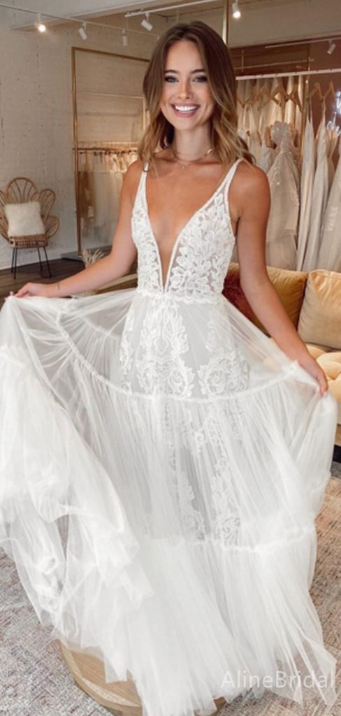 Gorgeous V-neck Spaghetti Strap A-line Long Wedding Dresses,WD3100