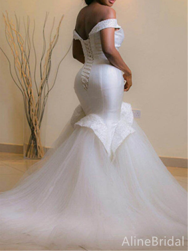 Elegant  V-neck Off-Shoulder Strapless Mermaid Long Wedding Dresses,WD3109