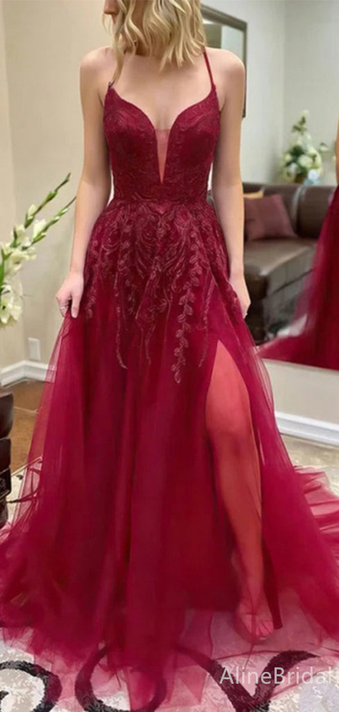 Elegant V-neck Spaghetti Strap Split Side A-line Long Prom Dress,PD38078