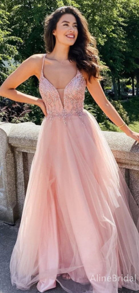 Gorgeous V-neck Spaghetti Strap A-line Long Prom Dress,PD38092