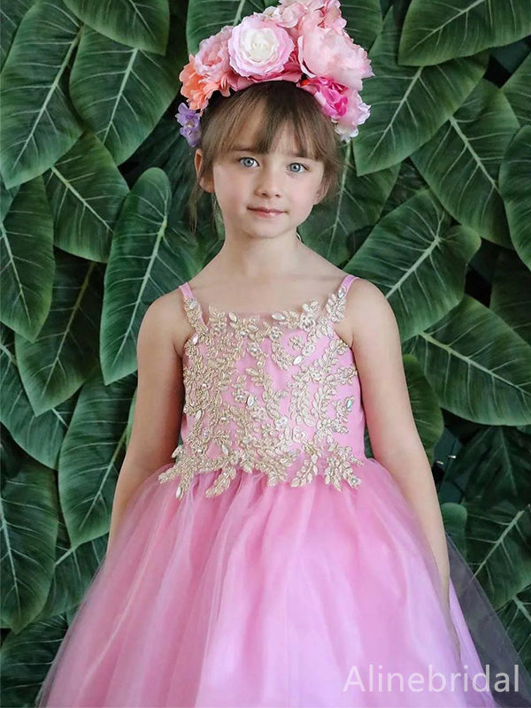 Elegant Spaghetti Strap Lace Appliques A-line Long Flower Girl Dresses, FGS162