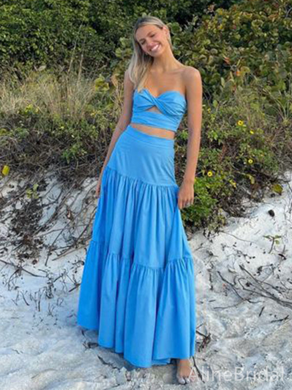 Simple Blue Sweetheart Strapless A-line Long Prom Dress,PD38154