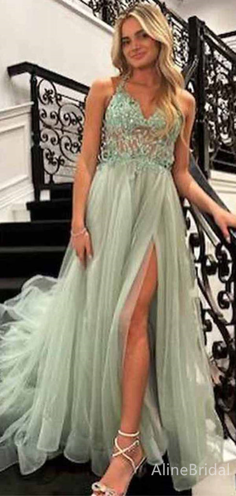 Elegant V-neck Spaghetti Strap Split Side A-line Long Prom Dress,PD38173