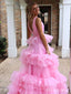 Elegant Pink V-neck A-line Long Prom Dress,PD38174