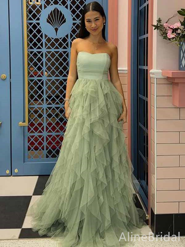 Simple Sage Green Strapless A-line Long Prom Dress,PD381766