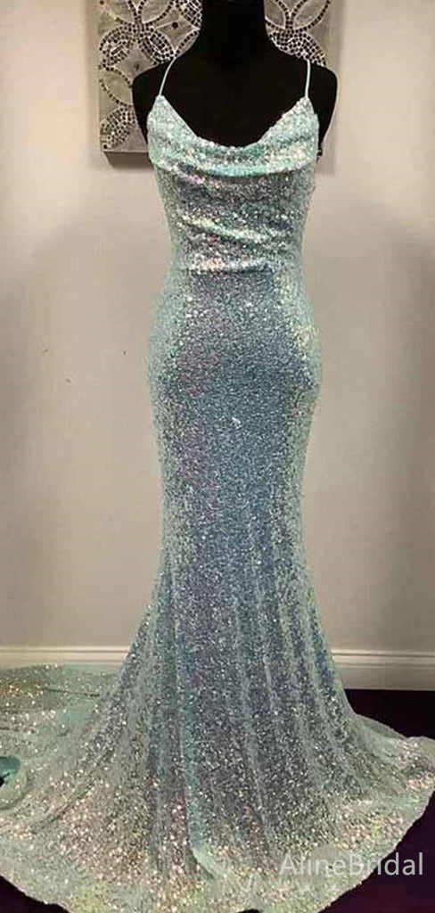 Sparkly Sequins Spaghetti Strap Mermaid Long Prom Dress,PD381776