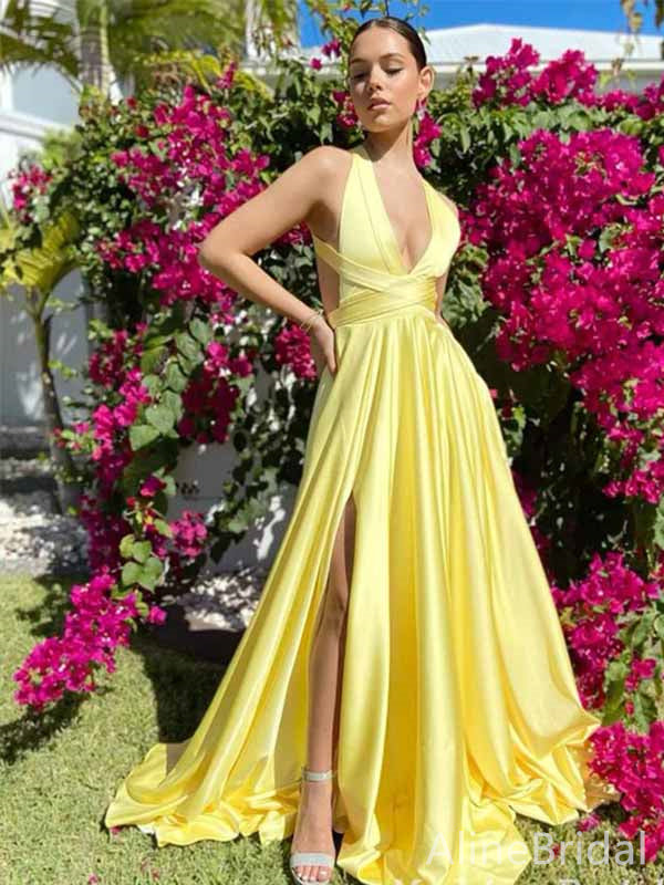 Yellow Elegant V-neck Split Side A-line Long Prom Dress,PD381790