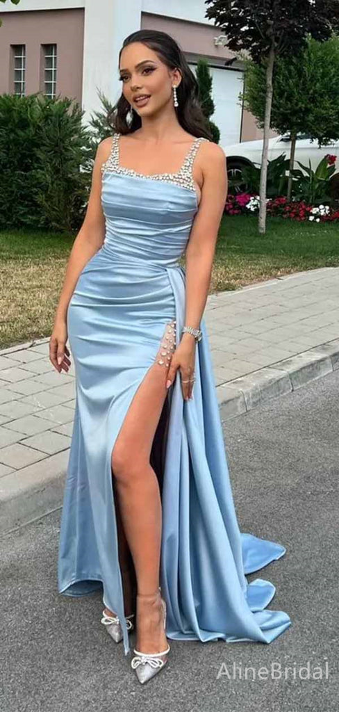 Gorgeous Light Blue Square Split Side Mermaid Long Prom Dress,PD381812