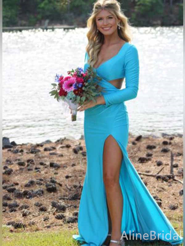 Elegant V-neck Long Sleeves Mermaid Split Side Long Prom Dress,PD381827