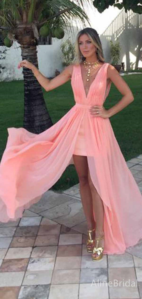 Simple Deep V-neck Split Side A-line Long Prom Dress,PD381889