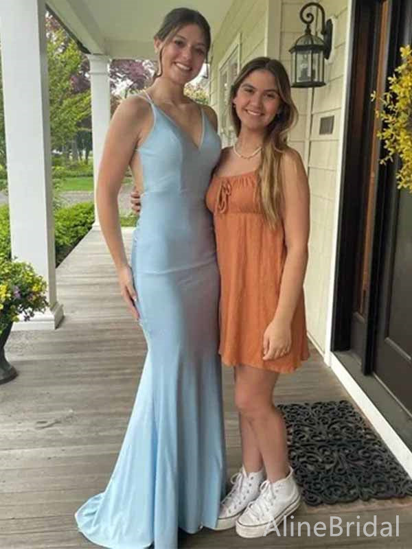 Simple V-neck Spaghetti Strap Mermaid Long Prom Dress,PD381890