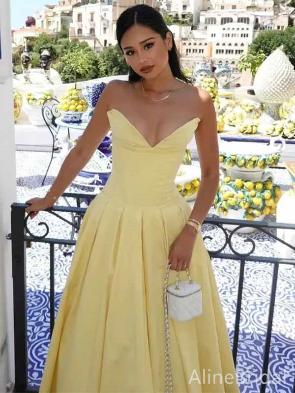 Gorgeous Yellow V-neck Strapless A-line Long Prom Dress,PD381903