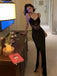 Sexy Black V-neck Spaghetti Strap Side-Slit Mermaid Long Prom Dress,PD381947