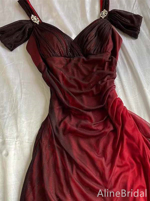 Elegant Burgundy V-neck Straps A-line Long Prom Dress,PD381948