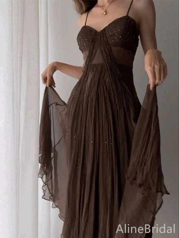 Elegant Brown V-neck Spaghetti Strap A-line Long Prom Dress,PD381951