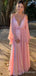 Sexy Deep V-neck Spaghetti Strap Long Sleeves A-line Long Prom Dress,PD381981