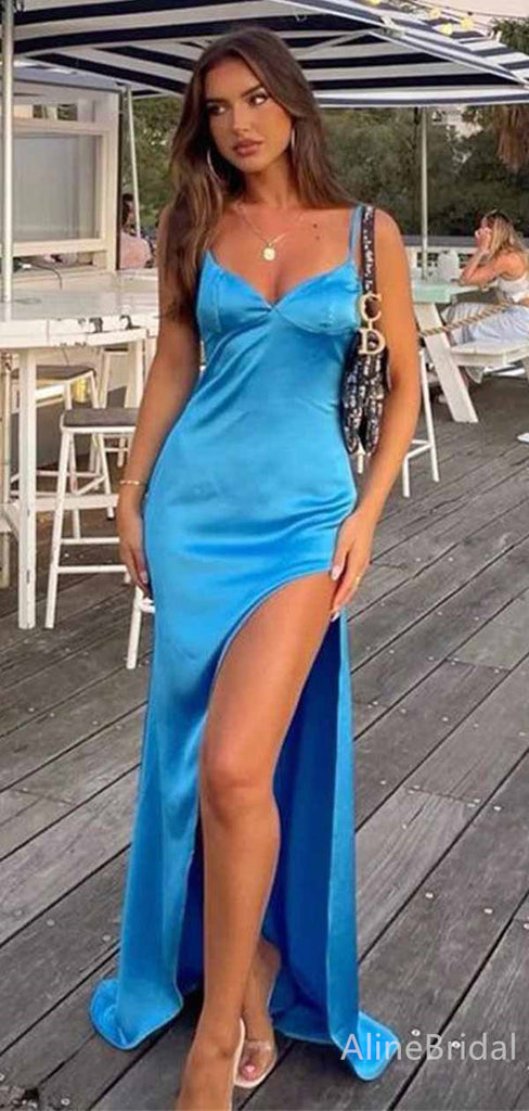 Elegant Blue V-neck Spaghetti Strap Side-Slit Mermaid Long Prom Dress,PD381987