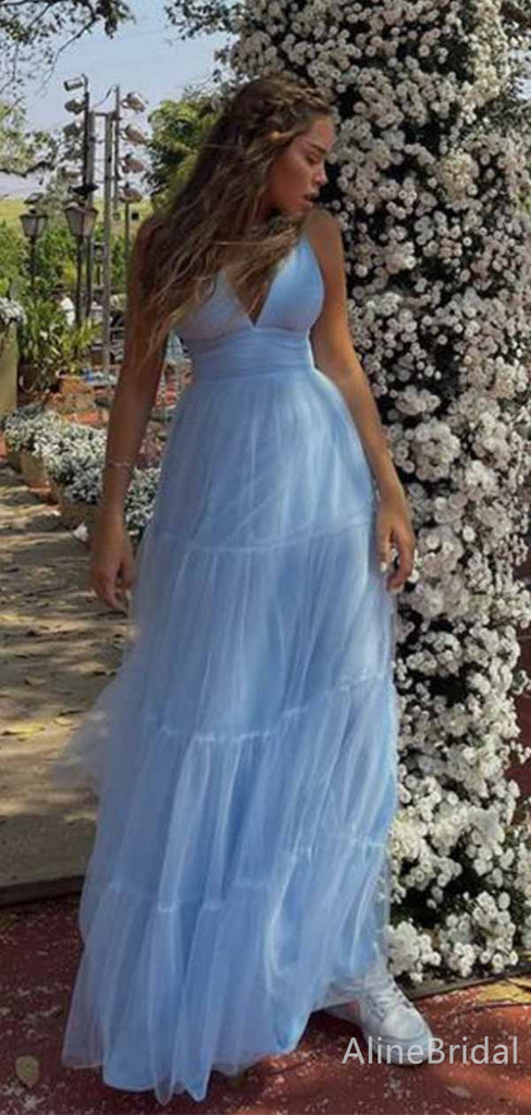 Elegant Blue V-neck Spaghetti Strap A-line Long Prom Dress,PD381991