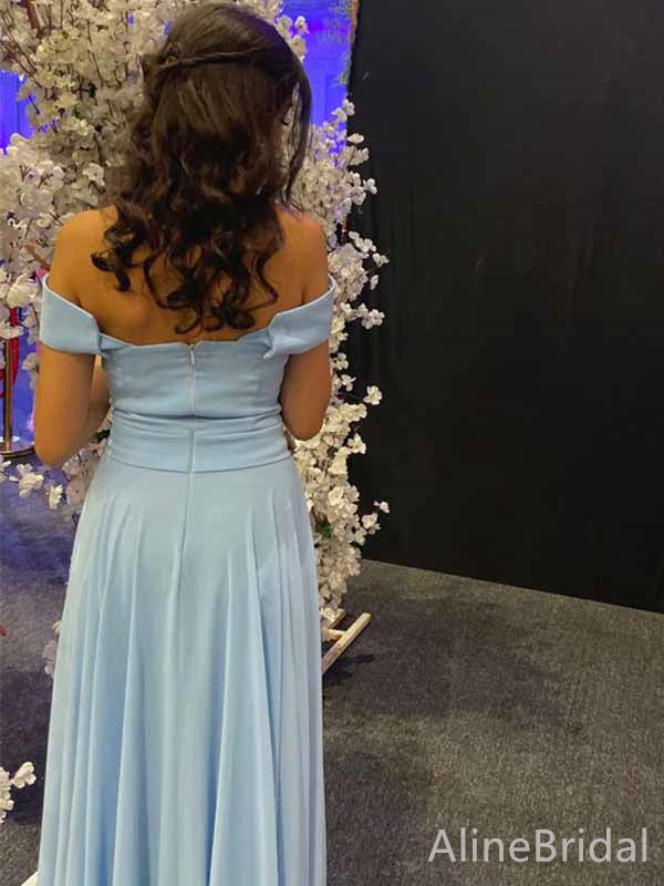 Elegant Blue V-neck Off-the-Shoulder Side-Slit A-line Long Prom Dress,PD381992