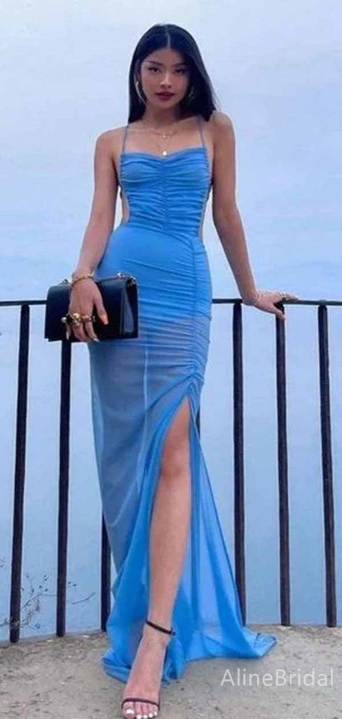 Elegant Blue Spaghetti Strap Side-Slit Mermaid Long Prom Dress,PD381999