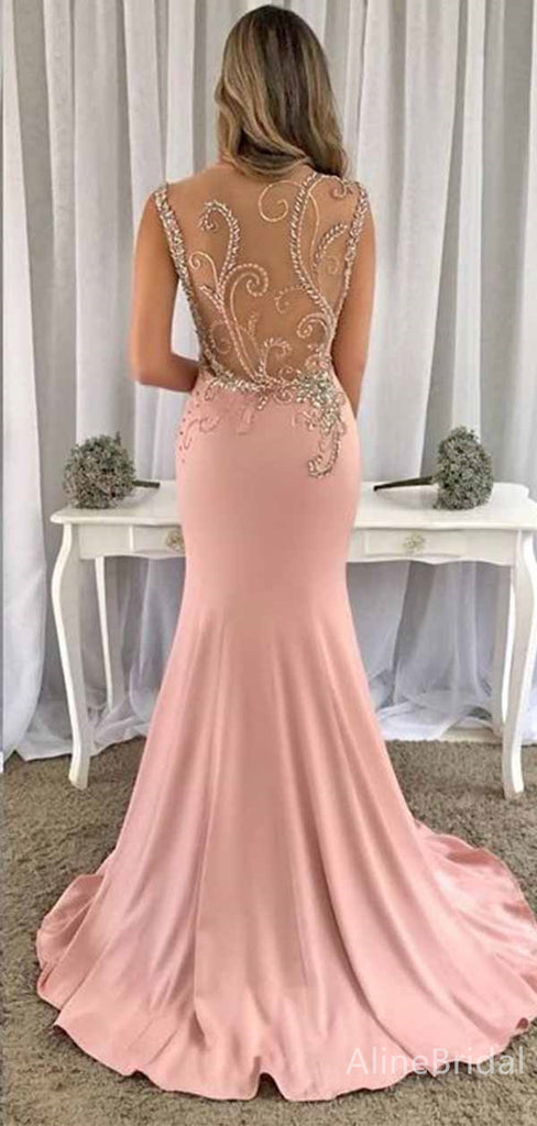 Gorgeous V-neck Illusion Lace Beadings Split Side Mermaid Long Prom Dress,PD382013