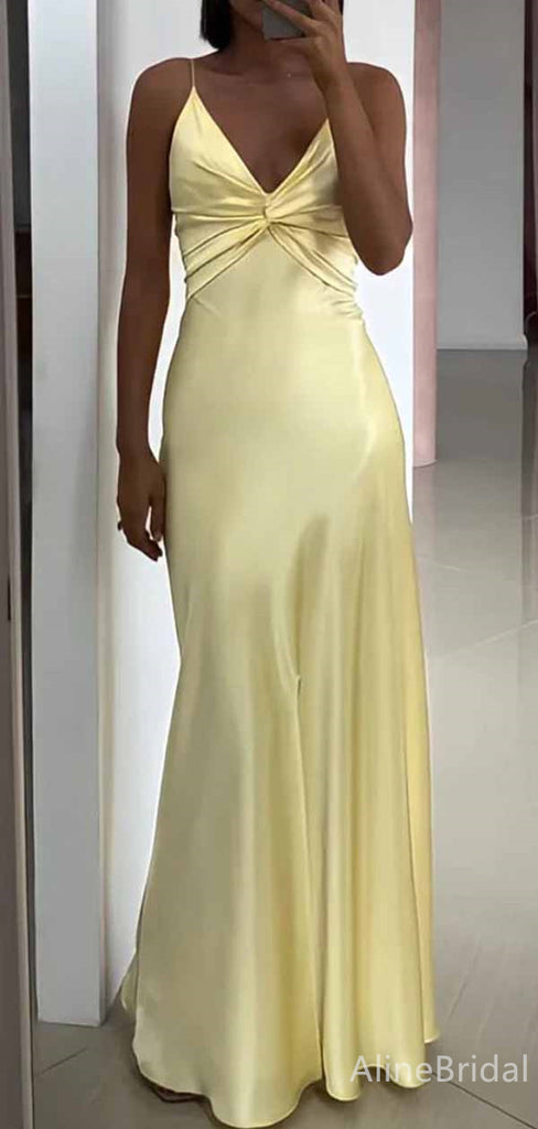 Elegant Yellow V-neck Spaghetti Strap Mermaid Long Prom Dress,PD382015