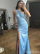 Elegant One Shoulder Blue Side Slit Mermaid Long Prom Dress,PD382024