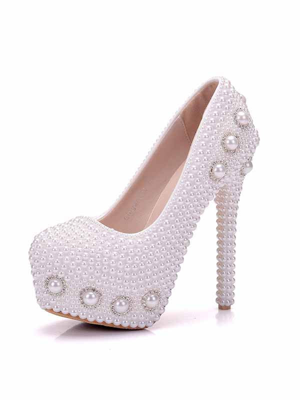 White pearl high heels wedding shoes rhinestone pearl shoes stiletto platform shoes