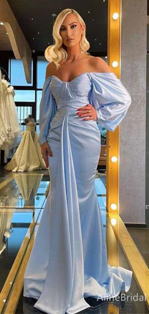 Elegant V-neck Blue Off-Shoulder Strapless Mermaid Long Prom Dress,PD382028