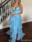 Elegant V-neck Blue Spaghetti Strap Side Slit A-line Long Prom Dress,PD382051