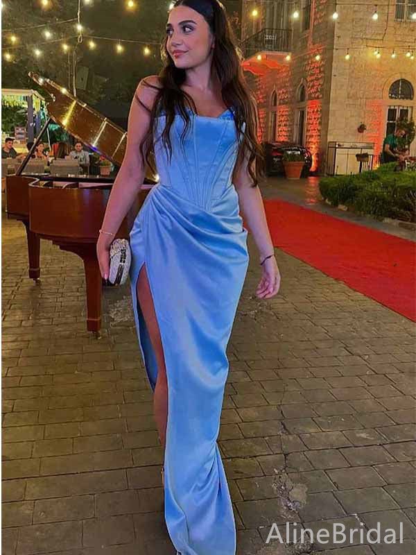 Elegant Blue Spaghetti Strap Side Slit Mermaid Long Prom Dress,Evening Dress,PD382074