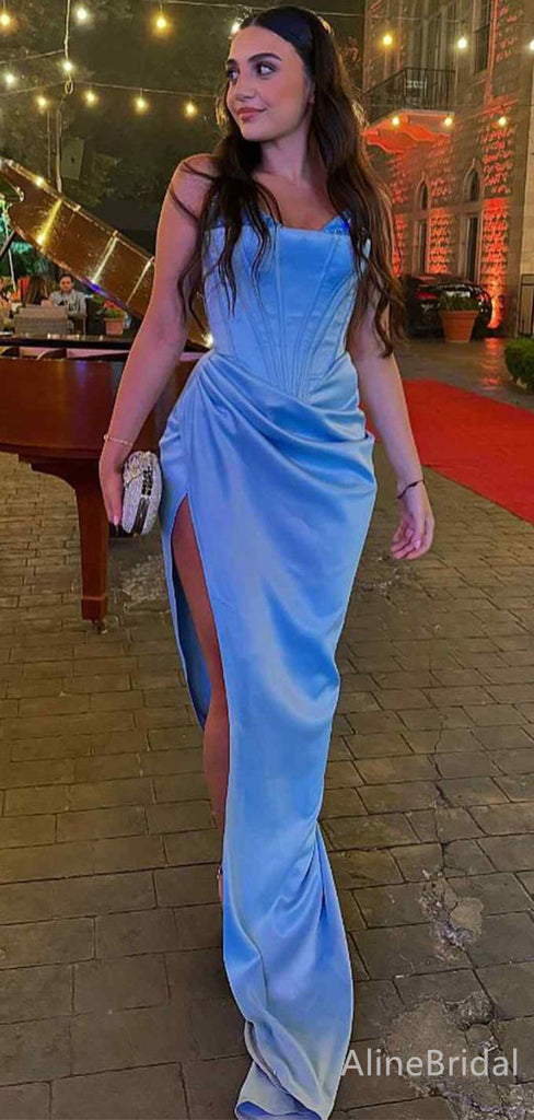 Elegant Blue Spaghetti Strap Side Slit Mermaid Long Prom Dress,Evening Dress,PD382074