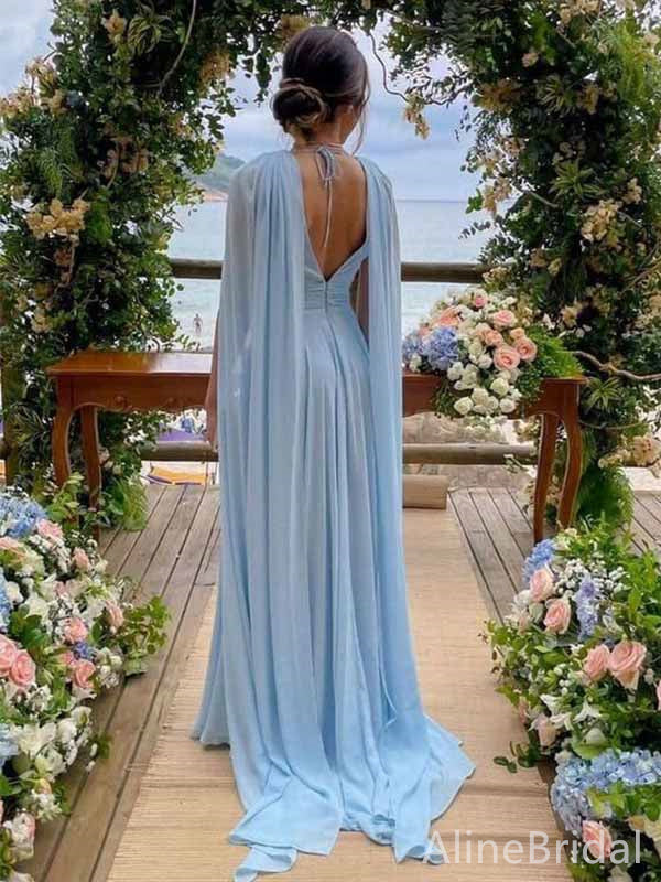 Elegant Light Blue V-neck A-line Long Prom Dress,Evening Dress,PD382076