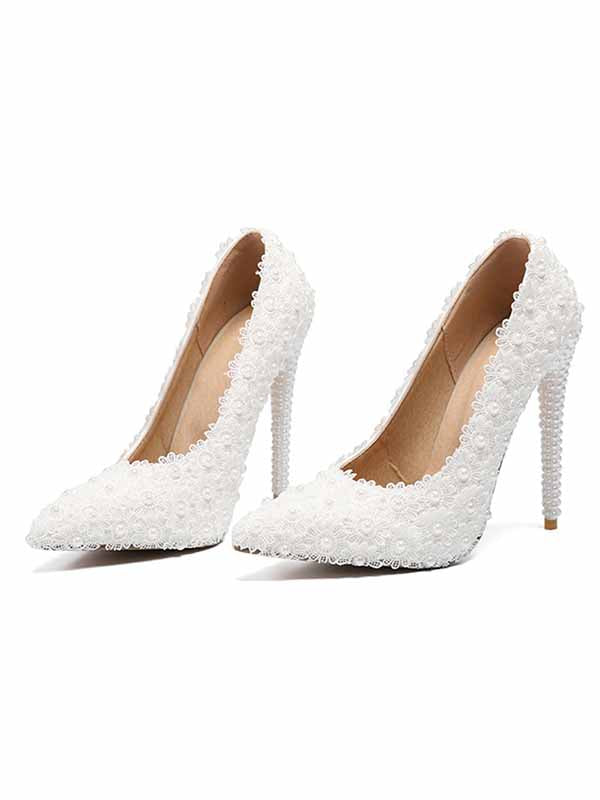 New Women's High Heels Single Shoes Wedding Shoes Stiletto Shoes White Lace Pearl Wedding Shoes