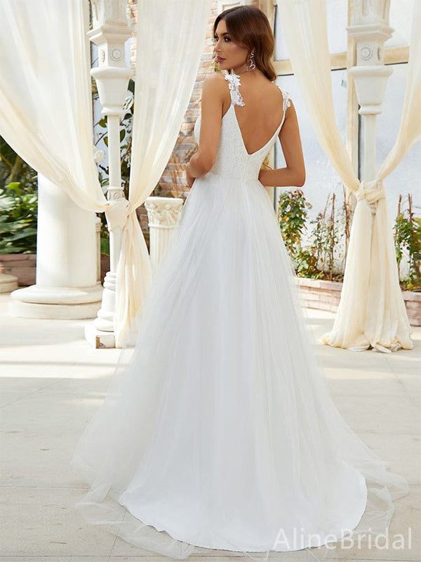 Elegant V-neck Spaghetti Strap A-line Long Wedding Dresses,WD3083