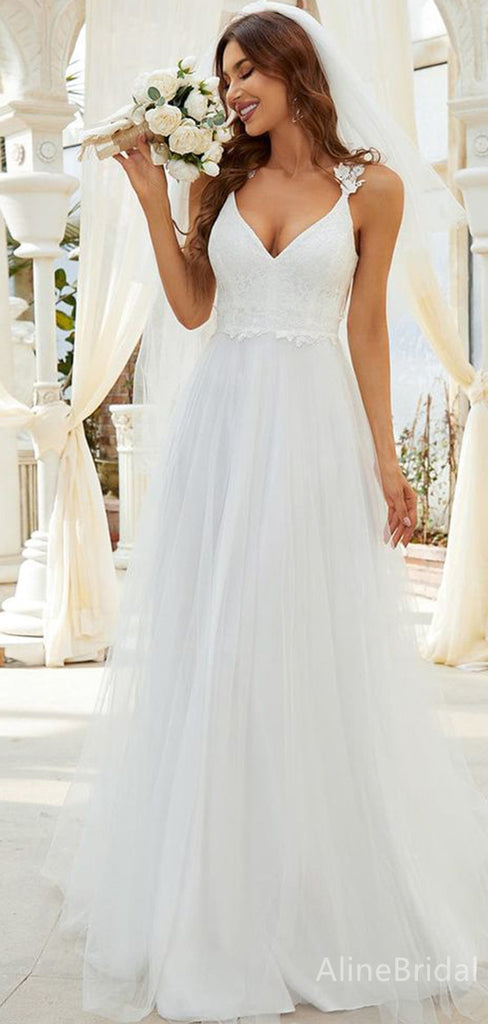 Elegant V-neck Spaghetti Strap A-line Long Wedding Dresses,WD3083