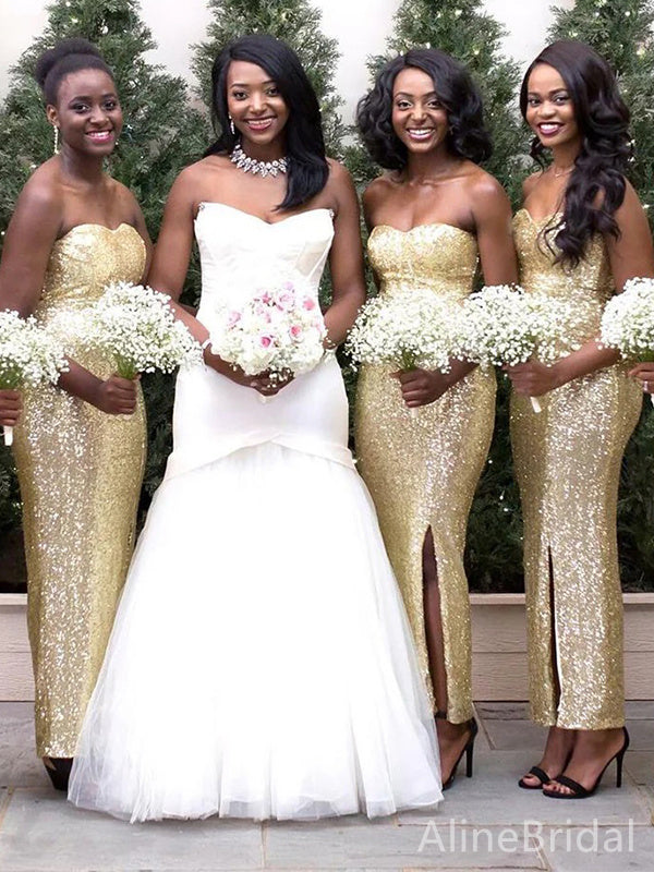 Sparkly Gold Sequins Sweatheart Strapless Mermaid Long Bridesmaid Dress,PD3281