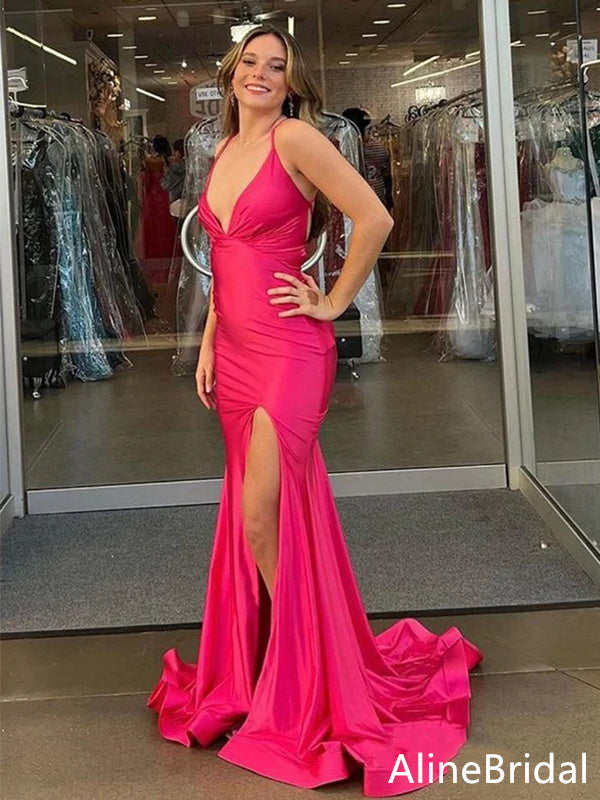 Sexy V-neck Spaghetti Strap Split Side Mermaid Long Prom Dress,Evening Dress,PD37785