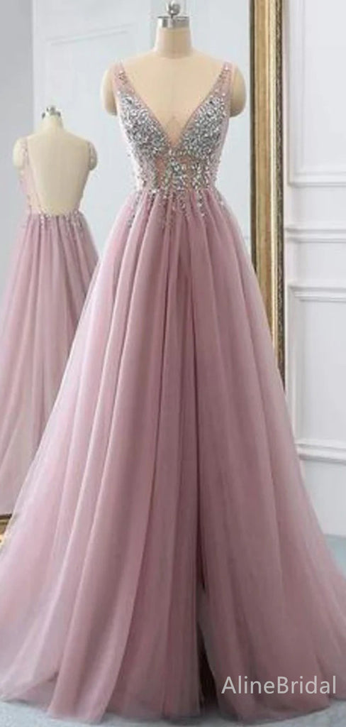 Elegant V-neck Backless A-line Long Prom Dress,Evening Dress,PD37805