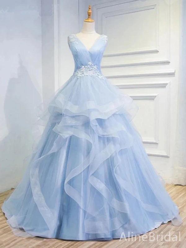 Elegant V-neck Sky Blue A-line Long Prom Dress,Evening Dress,PD37808