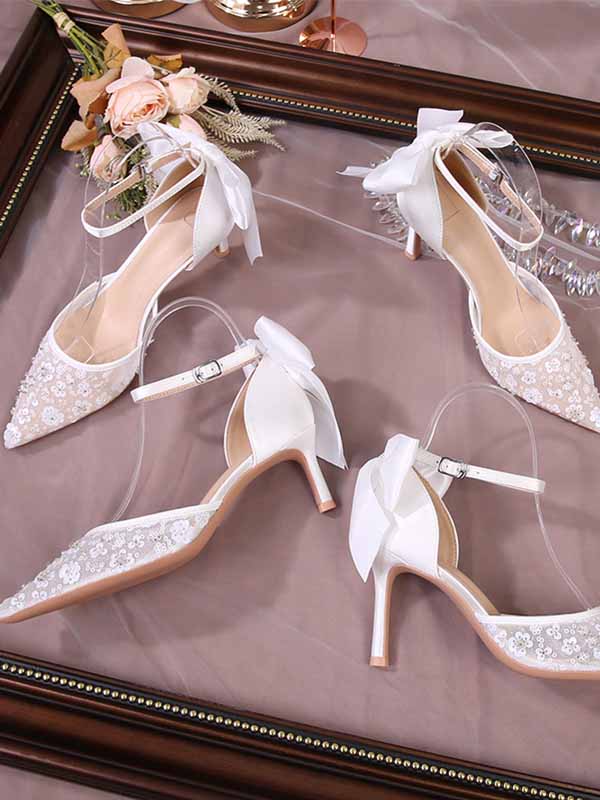 White satin high heels for women stiletto pointed toe bows hollow wedding shoes banquet sequined shoes