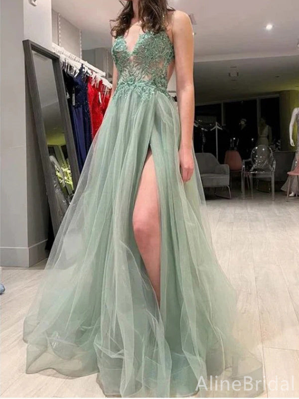 Sexy V-neck Backless Split Side Lace A-line Long Prom Dress,PD37910