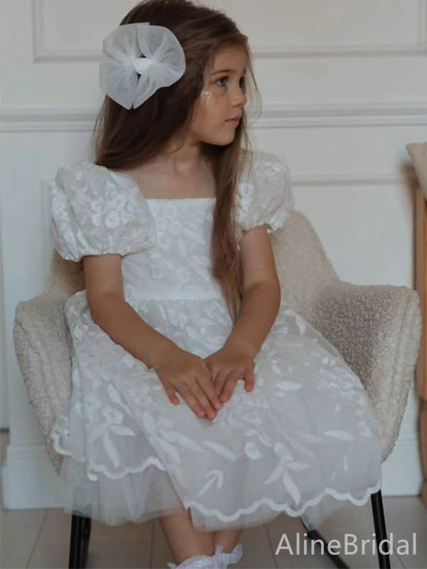 Cute Lace Appliques Ruffles A-line Long Flower Girl Dresses FGS155