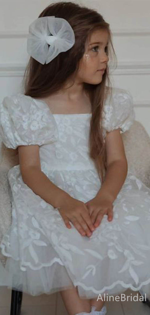 Cute Lace Appliques Ruffles A-line Long Flower Girl Dresses FGS155