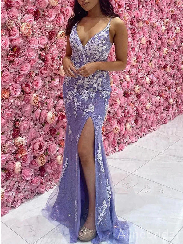 Sexy V-neck Spaghetti Strap Split Side Mermaid Long Prom Dress,PD37931