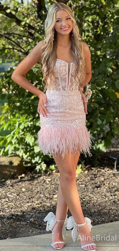 Sexy Pink Lace Spaghetti Strap A-line Short Homecoming Dress, HD327984