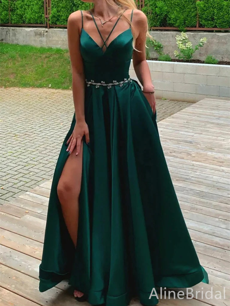 Sexy V-neck Spaghetti Strap A-line Long Prom Dress,PD38053