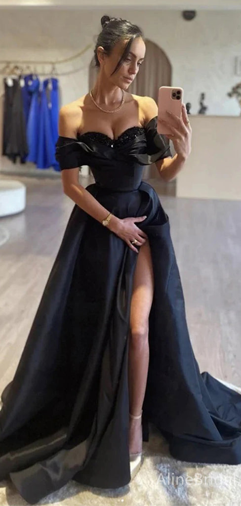 Elegant Black Sweetheart Off-Shoulder A-line Long Prom Dress,PD38054