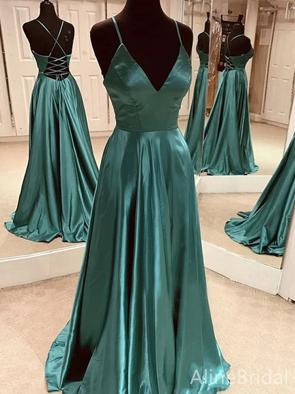 Elegant V-neck Spaghetti Strap A-line Long Prom Dress,PD38069