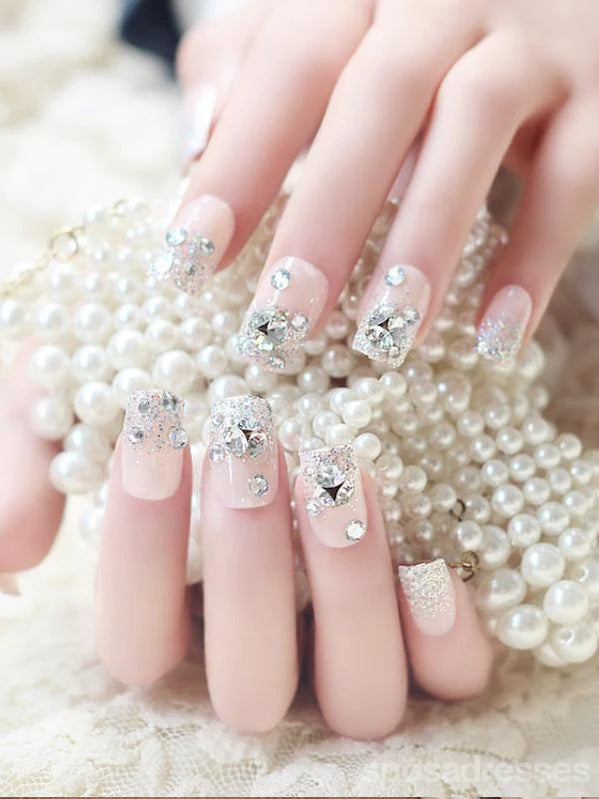 Zoom the image with the mouse    Rhinestone Fake Nails, False Nails Bling Wedding Press On Nails With Design For Women And Girls